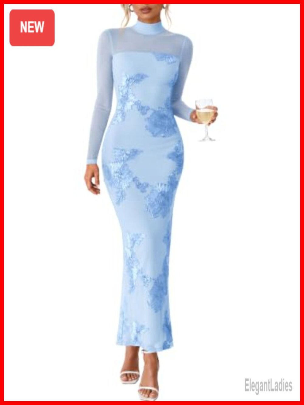 Long Sleeve 3D Floral Embroidered Bodycon Maxi Dress